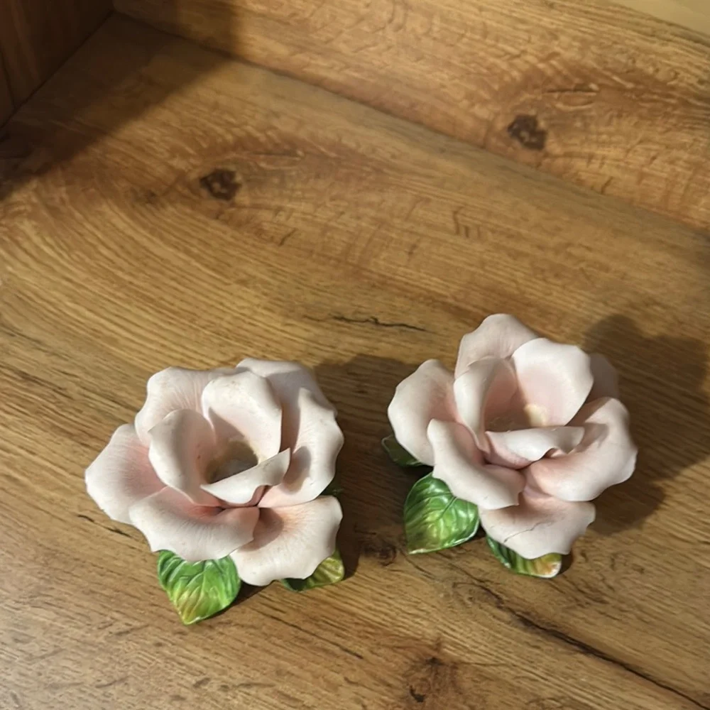 VTG 1950’S Capodimonte Glazed Porcelain Rose candle holders